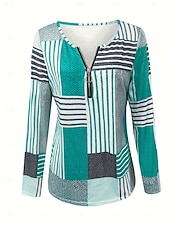 Χαμηλού Κόστους Τι-shirt με ρίγες και γεωμετρικά σχέδια-Γυναικεία Μπλουζάκι Φερμουάρ Στάμπα Γραφική Γεωμετρικό Βίντατζ Μοντέρνα Στυλάτο Μακρυμάνικο Στρογγυλή Ψηλή Λαιμόκοψη Κανονικά μπλουζάκια Καθημερινά Πράσινο του τριφυλλιού Γκρίζο