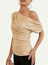 economico T-shirt semplice-Per donna Blusa Paillettes Tinta unica Elegante Casual Manica Corta Asimmetrico Top Regolari Quotidiano Nero Bianco Viola Oro Verde Estate Primavera