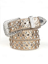 levne Dámský pásek-Dámský vánoční třpytivý pásek – umělá kůže s křišťálovými cvočky a stříbrnou přezkou, slavnostní červený design, ideální pro sváteční outfity