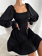 Damen Minikleid Schößchen Kleider Gerafftes Kleid Modern Outdoor Ferien Ausgehen Normale Passform Einfach Langarm Quadrathals Schwarz Wein Armeegrün Leicht Braun Frühling Herbst preiswerte abendkleider-Damen Minikleid Schößchen Kleider Gerafftes Kleid Modern Outdoor Ferien Ausgehen Normale Passform Einfach Langarm Quadrathals Schwarz Wein Armeegrün Leicht Braun Frühling Herbst