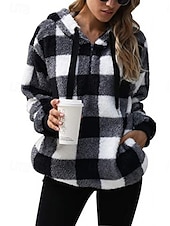 お買い得  ふわふわのスウェットシャツ-女性用 プルオーバー フーディー スウェットシャツ チェック エレガント あたたか 活発的 長袖 フード付き レギュラートップス 家 パーティーイブニングウェア ストリート ブラック ピンク ブラウン グリーン 春 秋 冬
