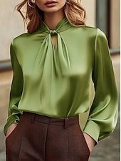preiswerte Schicke Blusen-Damen Elegant Satin-Top Bluse Seiden-Oberteile Gerafft Einfach Elegant Stilvoll Langarm Wasserfallausschnitt Normale Oberteile Täglich Blau Salbeigrün Rote Grün Herbst