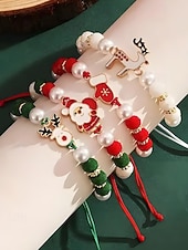 Недорогие Рождественские аксессуары-Женский рождественский браслет из бисера с подвесками в виде Санты, оленей и снеговика, красно-зеленые эластичные браслеты с жемчугом, праздничный подарок на праздник для нее