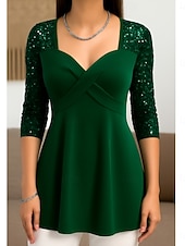 abordables Chemisiers et chemises de Noël-Blouse pour femme de Noël couleur unie stylée décontractée manches longues col carré tops réguliers impression quotidienne sequins patchwork noir vin violet vert printemps automne hiver