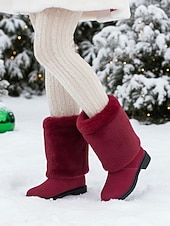 cheap Snow &amp; Winter Boots-Women's Burgundy Faux Fur Mid-Calf Winter Boots – Warm Santa-Style Snow Boots for Christmas, Holiday Outfits and Outdoor Wear