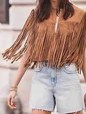 tanie Zwykły zbiornik-Damskie Bluzka Frędzel Równina Zachodni Bez rękawów W serek Zwykłe topy Święto Wyjściowe Czarny Jasnobrązowy Lato Wiosna