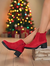 baratos Botas de tornozelo-Botas femininas vermelhas com zíper no tornozelo - botas estilosas de salto grosso em camurça sintética para o Natal, escritório e passeios casuais