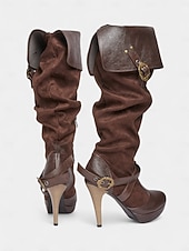 abordables Medieval &amp; Renacimiento-Botas medievales marrones por encima de la rodilla para mujer con tacones de aguja altos y diseño de correa con hebilla, botas de moda de estilo renacentista vintage para fiestas de disfraces, cosplay