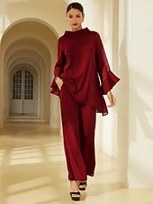  pantaloni da donna in tessuto elasticizzato, pannelli trasparenti in chiffon, gamba svasata, elastico in vita, eleganti, comodi, per tutti i giorni, da lavoro, autunno