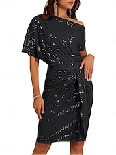 economico Abiti con paillettes-Per donna Mini Abito Tubino Elegante Festa cocktail All'aperto Feste Matrimonio Paillettes Taglia piccola Tinta unica Manica Corta Monospalla Nero Rosa Vino