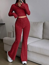 cheap Women's Blouse Suits-Women's Pants Sets Bolero Top Long Sleeve Shirt Collar Solid Color Zipper Fashion Streetwear Casual Daily Outdoor Black Wine Camel Spring Slim