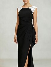 preiswerte abendkleider-Damen Maxikleid Etui-Kleid Wickelkleid Elegant Abendgesellschaft Hochzeit Hochzeitsgast Gerafft Spitze Asymmetrisch Normale Passform Einfarbig Ärmellos Dreiviertelarm V Ausschnitt Schwarz