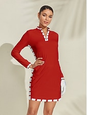 voordelige Golfjurken-Dames golf jurk Rood Lange mouw Dames golfkleding kleding outfits draag kleding