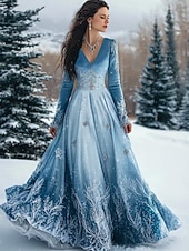 cheap Christmas Dresses-Christmas Women&#039;s Maxi Dress A Line Dress Pleated Dress Party Casual Boho Daily Date Going out Regular Fit Graphic Long Sleeve V Neck White Blue Fall Winter