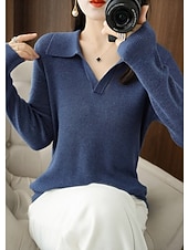 olcso Szilárd színek-Női Pulóver Elegáns Napi Stílusos Polo gallér Kötött Hosszú ujj Normál felsők Kötött Napi Hétvége Fekete Fehér Tavasz Ősz