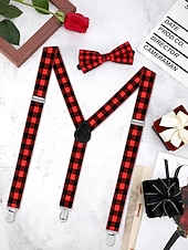baratos Gravatas masculinas e gravatas borboleta-Conjunto de suspensório ajustável e gravata borboleta xadrez de Natal masculino, estilo casual e formal, perfeito para festas de fim de ano e presentes