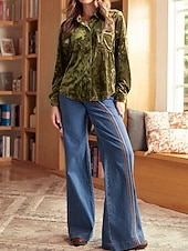 Χαμηλού Κόστους Απλές μπλούζες-Γυναικεία Βελούδο Κομψή Φιλάρεσκος Μπλούζα Κουμπιά Σκέτο Βοημία Βίντατζ Καθημερινά Μακρυμάνικο Κολάρο Πουκαμίσου Κανονικά μπλουζάκια Καθημερινά Βραδινό Ρούχα για Πάρτυ Αργίες