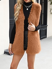 billige Vest-Dame سترة Fuskepels Hold Varm Bekvem Lomme Pels og lær Mote Fritid عادي Feriereise Gate Avslappet Dagligdagstøy Lang V-hals Normal Langermet Yttertøy Svart Vin Kongeblå Høst Vinter