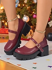 baratos Sapatos Mary Jane-Sapatos plataforma mary jane femininos bordô com tira de fivela, sola grossa, estilo casual e chique para inverno, natal e uso diário
