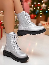 Botas de combate con purpurina roja para mujer: botines con cordones brillantes para mujer, ideales para Navidad, fiestas de invierno y salidas festivas. abordables Zapatos de Navidad para Mujeres-Botas de combate con purpurina roja para mujer: botines con cordones brillantes para mujer, ideales para Navidad, fiestas de invierno y salidas festivas.