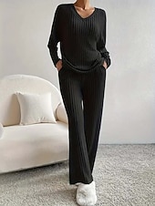abordables Ensembles chemisiers pour femmes-Femmes Élégant Chaud ancien Ensembles deux pièces manche longue Col en V Couleur Unie Extérieur Occasionnel Quotidien Noir Vert Claire Marron clair Printemps Coupe Ample