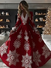 levne Vánoční šaty-Vánoce Dámské Maxi šaty Plisované šaty Večírek Na běžné nošení Cikánský Denní Rande Jdeme ven Běžný Grafika Sněhová vločka Dlouhý rukáv Do V Fialová Trávová zelená Podzim Zima