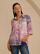 abordables chemises, hauts et chemisiers-Chemisier femme violet clair bohème combinaison imprimé col chemise devant fausse patte décontracté vacances voyage printemps automne