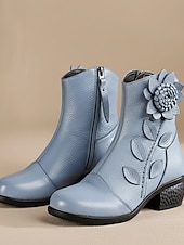 رخيصةأون جزمة الكاحل-حذاء نسائي من الجلد الأحمر بكعب متوسط وتطريز زهور - حذاء قصير كلاسيكي بكعب متوسط للملابس الكاجوال والأنيقة