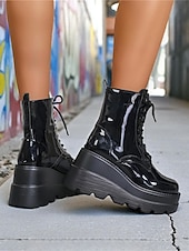 levne Platformové boty-Dámské černé lakované kotníkové boty na platformě s leopardím potiskem, robustní šněrovací boty v bojovém stylu pro streetwear &amp;večer venku