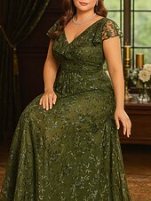 Ligne A Robe de Mère de Mariée  Élégant ancien Luxueux Col en V Longueur au sol Dentelle Pailleté Polyester Manche Courte avec Dentelle Plis Paillettes abordables Longueur du plancher-Ligne A Robe de Mère de Mariée  Élégant ancien Luxueux Col en V Longueur au sol Dentelle Pailleté Polyester Manche Courte avec Dentelle Plis Paillettes