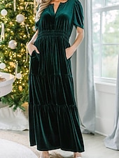 olcso Buliruhák-Női Midi ruha Karácsonyi ruha Bársony ruha Party ruha Koktélruha Elegáns Modern Parti Születésnap Estély Normál Sima Rövid ujjú V-alakú Bor Katonai zöld Sötétkék Sötétzöld Tavasz Ősz