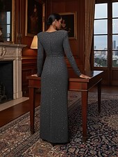 cheap Sheath Evening Dresses-Sheath Column Floor Length Prom Dresses Evening Gown Ball Gown Formal Dress Elegant Glittering Celebrity Style Long Sleeve V Neck Garden Party Wedding Stretch Crepe with Slit