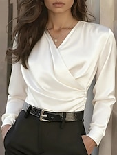  Per donna Camicia Elegant Elegante Top in raso Arricciato Bottoni Drappeggiato Tinta unica Semplice Elegante Vintage Signore Manica Lunga Scollo a V Top Regolari Quotidiano Lavoro Ferie Nero Bianco