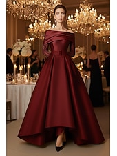 abordables Vestidos de Noche en A-Corte A Hasta el Suelo Vestidos de noche Corte Cenicienta Vestimenta formal Elegante Sedoso Manga Larga Hombros Caídos Boda Formal Bolsillo Satén Satén elástico con Plisado Cuentas