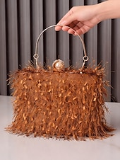 tanie Torby i torebki-Damska torebka na imprezę świąteczną – elegancka wieczorowa torebka z piórami w kolorze czerwonym i zielonym, ze złotym uchwytem i perłowym zapięciem – świąteczny prezent dla kobiety – szykowny, świąteczny styl na uroczystości bożonarodzeniowe