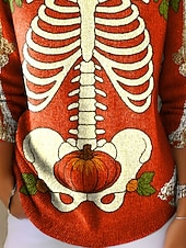 Χαμηλού Κόστους Γραφικά Μοτίβα &amp; Λεπτομέρειες-Γυναικείο Πουλόβερ Γραφικό Κρανίου Χαριτωμένο Streetwear Καθημερινής Γραφικού Κρανίου Στρογγυλή Λαιμόκοψη Ράψιμο Πλεκτό Μακρυμάνι Κανονικά Τόπες Πλεκτό Πορτοκαλί Φθινόπωρο Χειμώνα