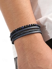 cheap Men&#039;s Jewelry-Men&#039;s Alloy Faux Leather Beaded Bracelet Set, Multi-Layer Braided Wristband with Magnetic Clasp, Fashion Punk Jewelry for Casual, Party &amp; Gift