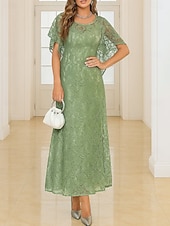 abordables Longueur du plancher-Ligne A Longueur au sol Robe de Cérémonie Robe de soirée Manche Courte Col ras du cou Élégant ancien Fête Dentelle Polyester Robe de Mère de Mariée  avec Dentelle