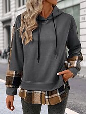 cheap Graphic shop Sweatshirts &amp; Hoodies-Women&#039;s Pullover Hoodie Sweatshirt Plaid Vintage Casual Long Sleeve Hooded Regular Tops Street Casual Sports Drawstring Patchwork Pink Army Green Dark Gray Beige Coffee Fall Winter