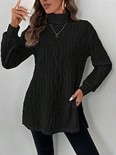 cheap Plain Blouses-Women's Blouse Elegant Vintage Fashion Solid Color Ribbed Turtleneck Textured Split Long Sleeve Long Tops Knit Formal Outdoor Party Black