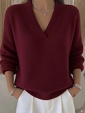 cheap Plain Pullover-Women&#039;s Sweater Elegant Fashion Cute Solid Color Ribbed V Neck Knitted Braided Long Sleeve Regular Tops Knit Formal Outdoor Home Wine Red Pink Spring Fall