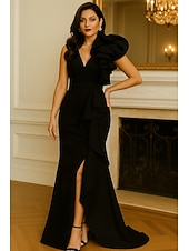 cheap Mermaid Evening Dresses-Mermaid Trumpet Floor Length Prom Dresses Evening Gown Ball Gown Formal Dress Elegant Short Sleeve Crew Neck Wedding Formal Stretch Crepe with Ruffles