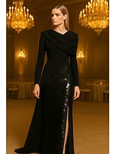 preiswerte Ballkleider-A-Linie Abendkleid Elegant Formelle Kleidung Formell Hochzeit Bodenlang Langarm V Ausschnitt Paillettenbesetzt mit Glitzer 2025