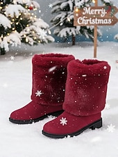 cheap Snow &amp; Winter Boots-Women's Burgundy Faux Fur Mid-Calf Winter Boots – Warm Santa-Style Snow Boots for Christmas, Holiday Outfits and Outdoor Wear