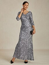 お買い得  スパンコールドレス-女性用 マキシドレス シースドレス エレガント フォーマル セミフォーマルドレス パーティー スパンコール レース 刺繍 レギュラー 純色 七分袖 Ｖネック グレー