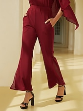  pantaloni da donna in tessuto elasticizzato, pannelli trasparenti in chiffon, gamba svasata, elastico in vita, eleganti, comodi, per tutti i giorni, da lavoro, autunno