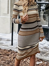 baratos Vestidos de suéter-Mulheres Vestido midi Vestido Suéte Vestido da bainha Moderno Diário Para Noite Normal Listrado Manga Longa Gola Redonda Cáqui Outono Inverno