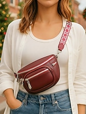 economico Borse a Tracolla-Borsa a tracolla da donna in similpelle bordeaux con tasche multiple con cerniera, tracolla larga e finiture argentate, elegante borsa da viaggio a mani libere per l'uso quotidiano e per gli outfit delle vacanze natalizie