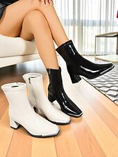 abordables Bottines-Bottines en similicuir verni noir pour femme, bout carré et talons compensés, bottines chics et modernes pour tenues décontractées et tenues de bureau &amp;soirée
