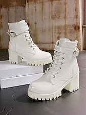 Χαμηλού Κόστους Μπότες μάχης-Γυναικείες λευκές μπότες με χοντρό τακούνι και δετά κορδόνια, κομψές μπότες μάχης με ψηλοτάκουνο και ρυθμιζόμενη αγκράφα, μοντέρνα υποδήματα για casual και υπαίθριες περιστάσεις.